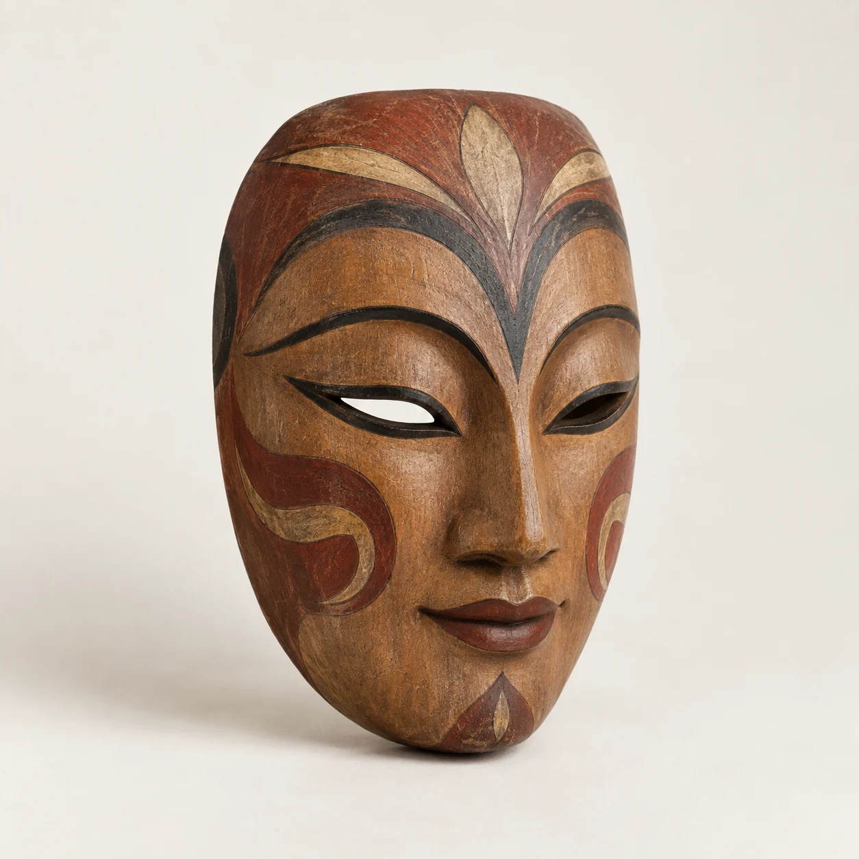 Máscara de teatro de madera. Imagen ilustrativa generada por IA; materiales: madera y pigmento.
