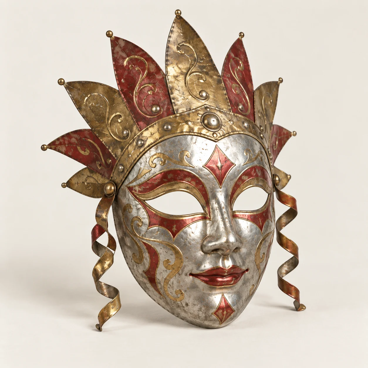 Máscara festiva de metal. Imagen ilustrativa generada por IA; materiales: hojalata y pintura.
