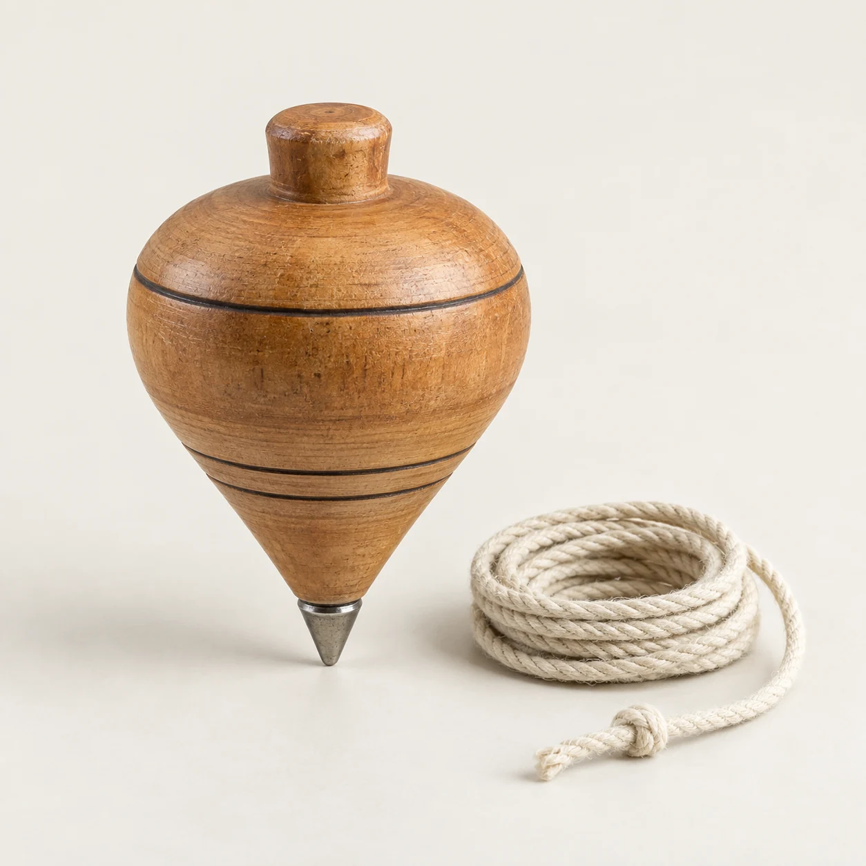 Trompo de madera y cuerda. Imagen ilustrativa generada por IA; materiales: madera, acero y algodón.