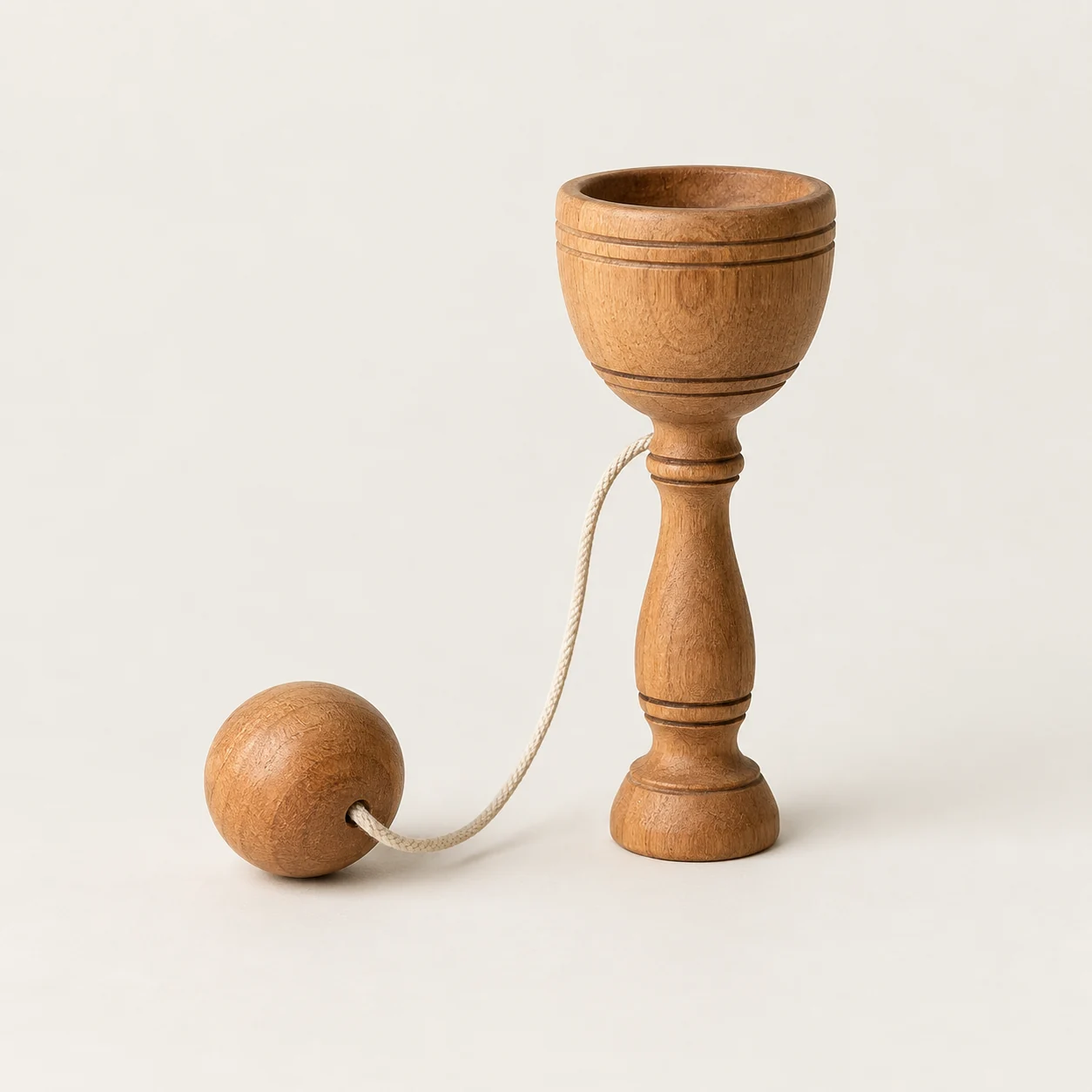 Juguete de bola y copa. Imagen ilustrativa generada por IA; materiales: madera y algodón.