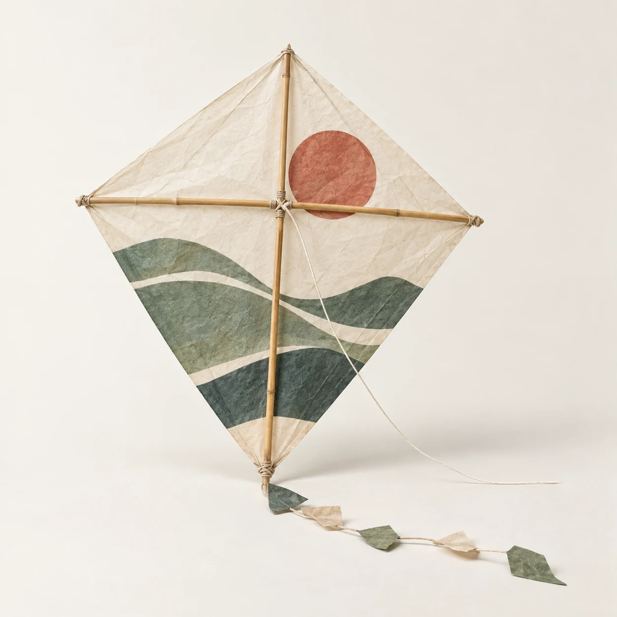 Cometa de varillas cruzadas. Imagen ilustrativa generada por IA; materiales: papel, bambú y algodón.