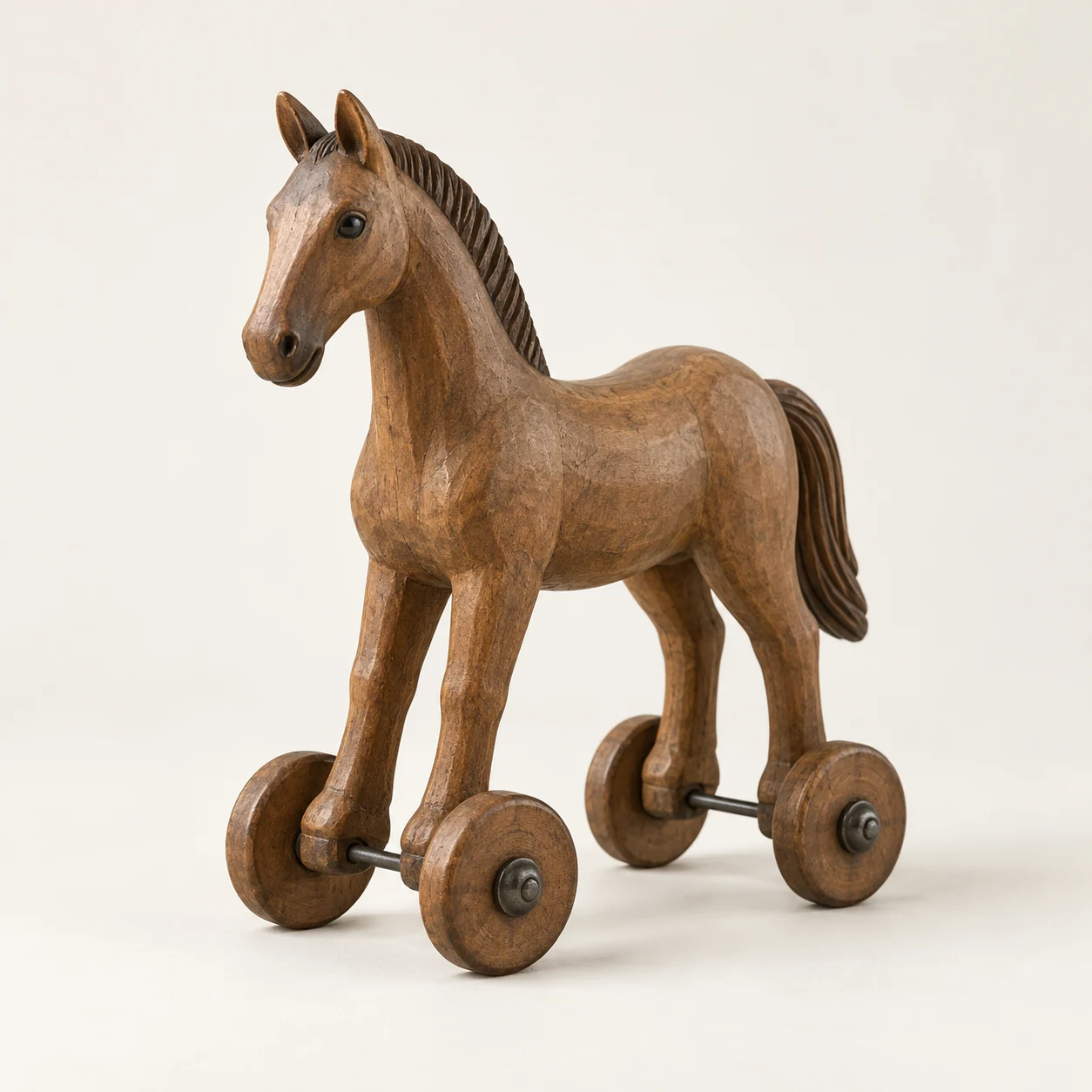 Caballo de madera con ruedas. Imagen ilustrativa generada por IA; materiales: madera y acero.