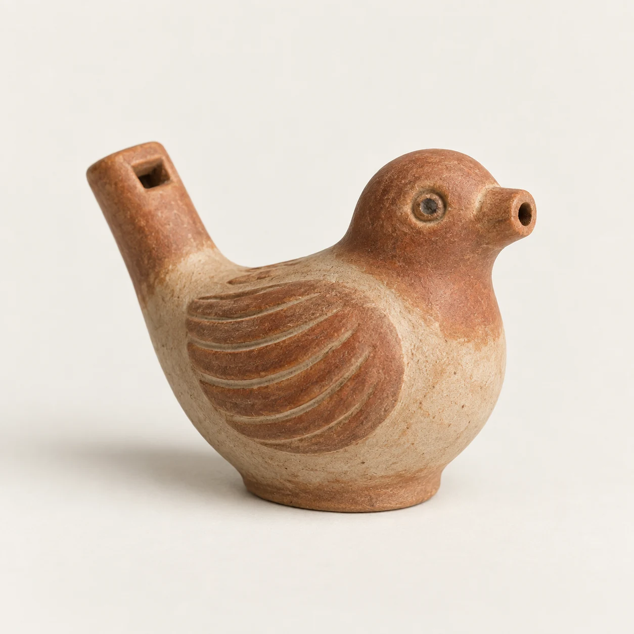 Silbato de cerámica. Imagen ilustrativa generada por IA; materiales: arcilla.