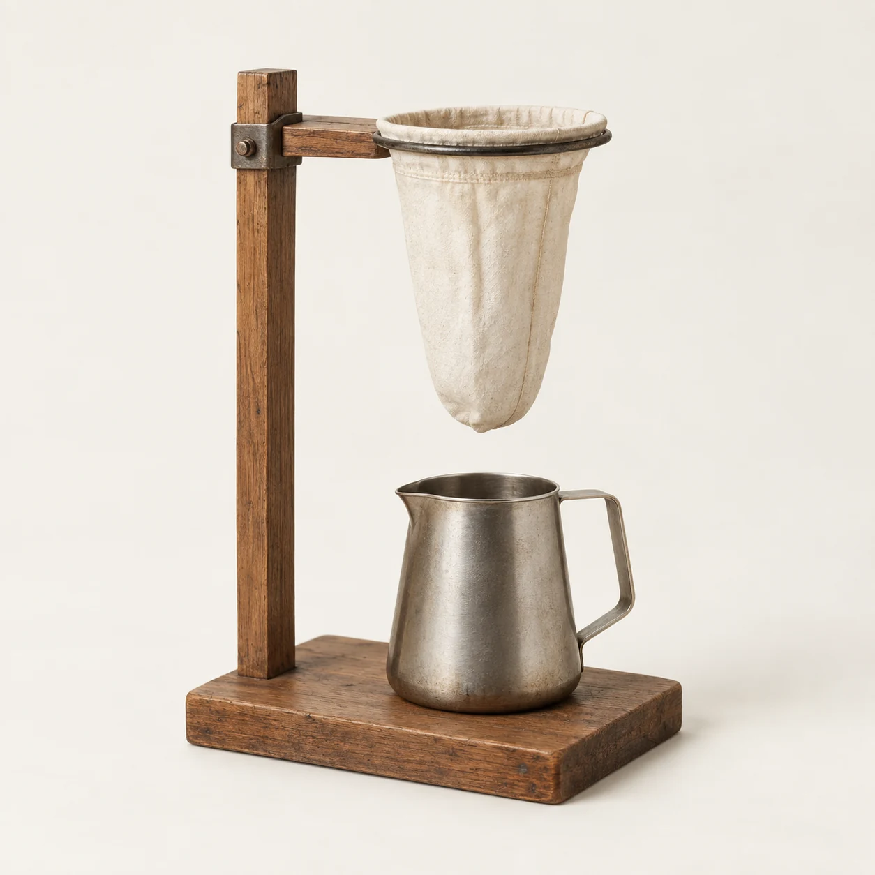 Filtro de tela con soporte. Imagen ilustrativa generada por IA; materiales: algodón, madera y acero.