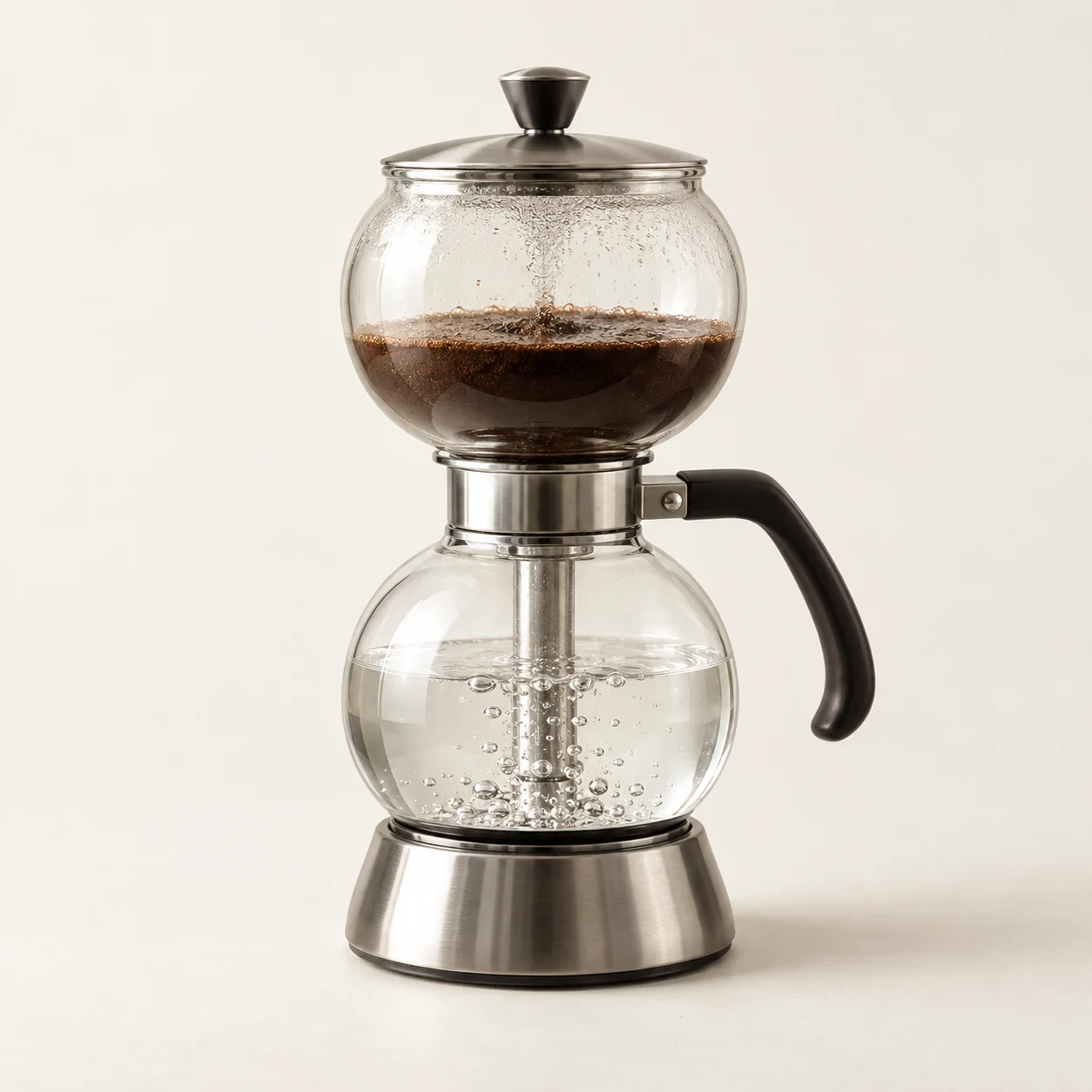 Cafetera de dos cámaras. Imagen ilustrativa generada por IA; materiales: vidrio y acero.